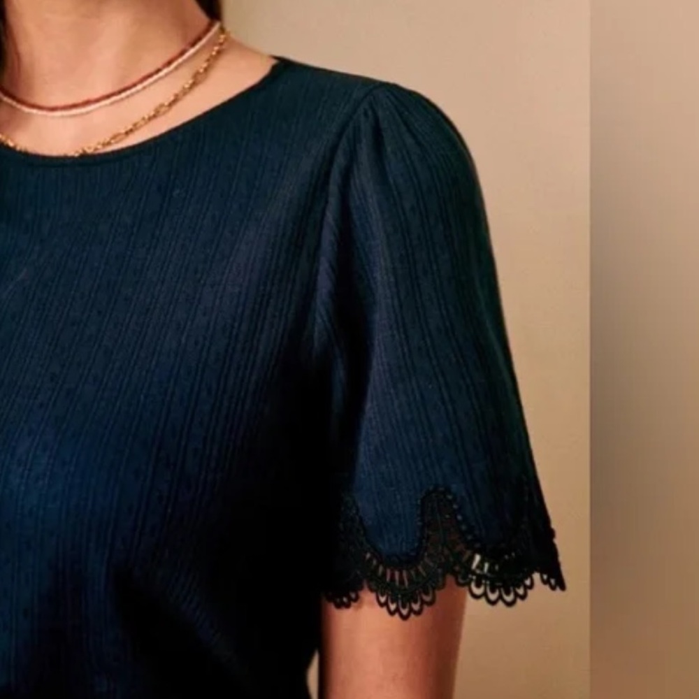 SEZANE CLEA TEE SHIRT 100% Cotton Ribbed Lace Sleeves Navy Blue XS - Picture 6 of 11